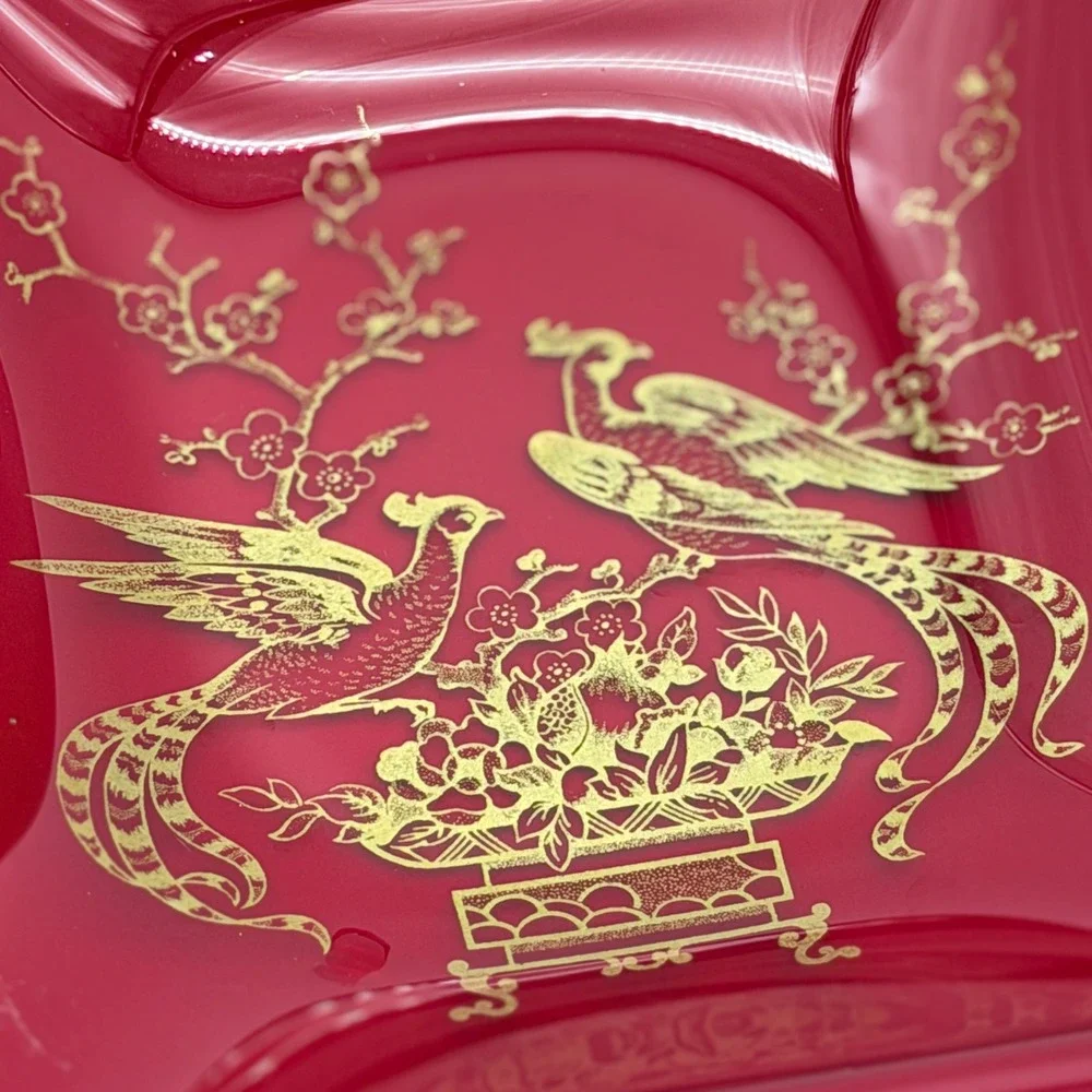 Vintage Ruby Red Acrylic Divided Trinket Tray Gold Peacock Chinoiserie Decor MCM